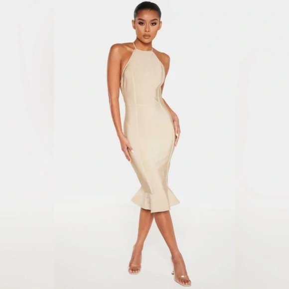PRETYLITTLETHING Champagne Cross Strap Snatched Bandage Midi Dress | Size 2 - Picture 1 of 10